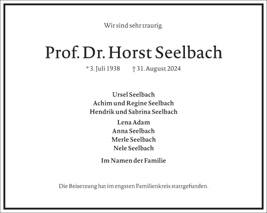 Traueranzeige von Horst Seelbach von Frankfurter Allgemeine Zeitung