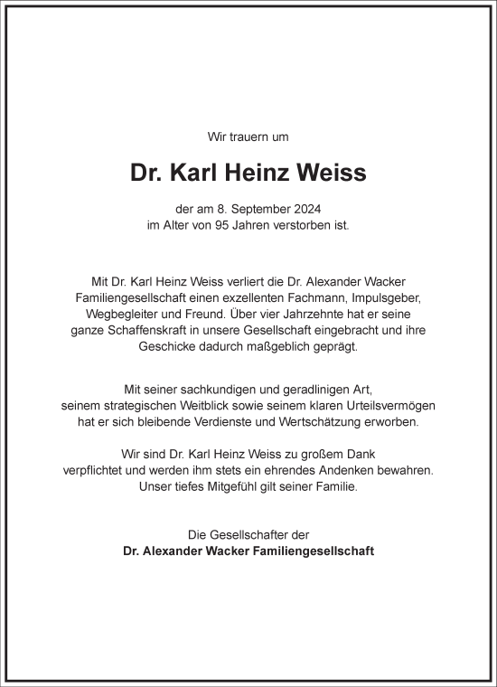 Traueranzeige von Karl Heinz Weiss von Frankfurter Allgemeine Zeitung