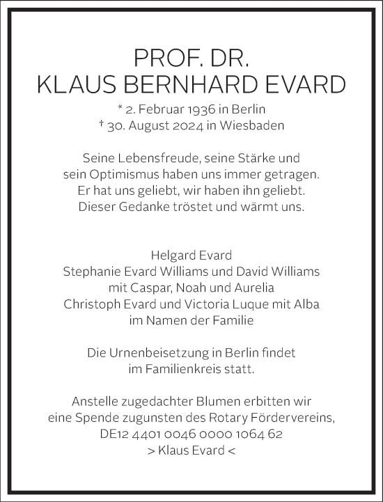 Traueranzeige von Klaus Bernhard Evard von Frankfurter Allgemeine Zeitung