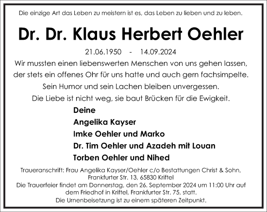 Traueranzeige von Klaus Herbert Oehler von Frankfurter Allgemeine Zeitung