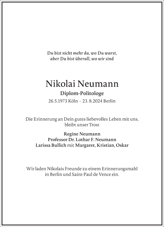 Traueranzeige von Nikolai Neumann von Frankfurter Allgemeine Zeitung