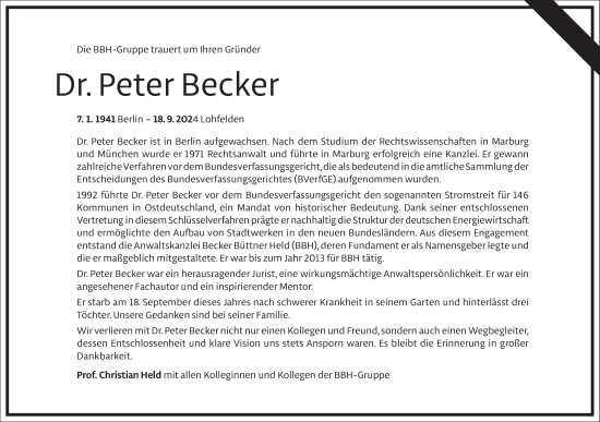 Traueranzeige von Peter Becker von Frankfurter Allgemeine Zeitung