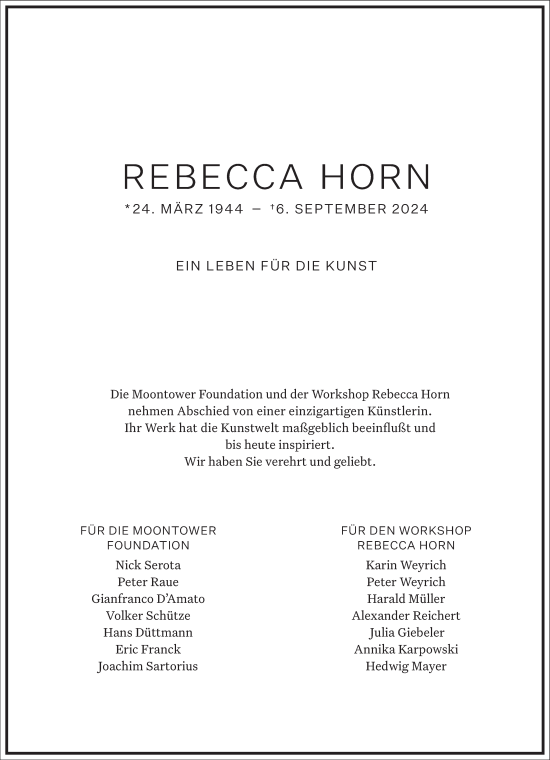 Traueranzeige von Rebecca Horn von Frankfurter Allgemeine Zeitung