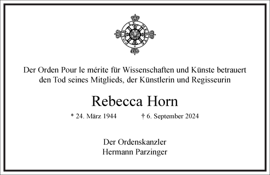 Traueranzeige von Rebecca Horn von Frankfurter Allgemeine Zeitung