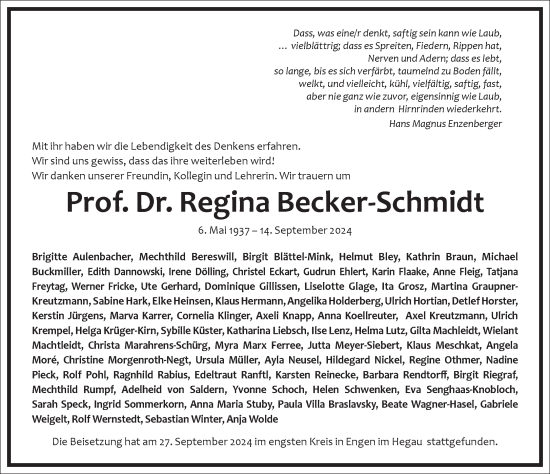 Traueranzeige von Regina Becker-Schmidt von Frankfurter Allgemeine Zeitung