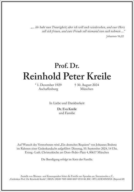 Traueranzeige von Reinhold Peter Kreile von Frankfurter Allgemeine Zeitung