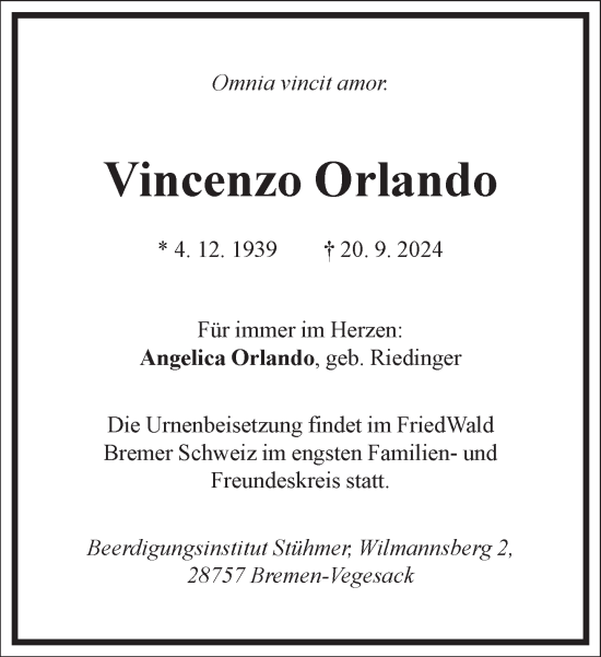 Traueranzeige von Vincenzo Orlando von Frankfurter Allgemeine Zeitung