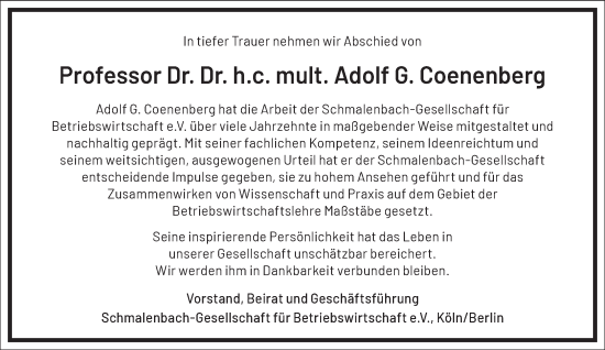 Traueranzeige von Adolf Coenenberg von Frankfurter Allgemeine Zeitung