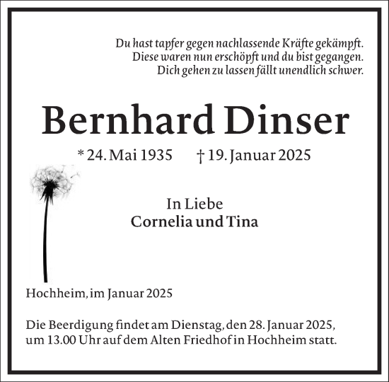 Traueranzeige von Bernhard Dinser von Frankfurter Allgemeine Zeitung