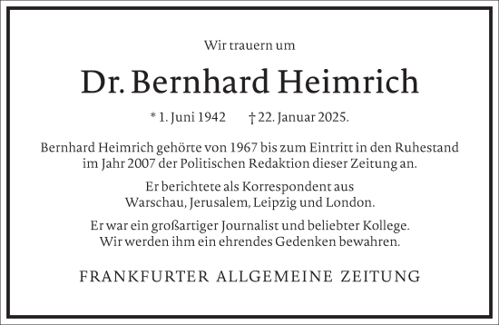 Traueranzeige von Bernhard Heimrich von Frankfurter Allgemeine Zeitung