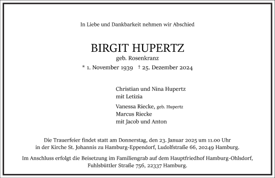 Traueranzeige von Birgit Hupertz von Frankfurter Allgemeine Zeitung