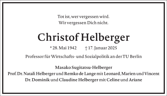 Traueranzeige von Christof Helberger von Frankfurter Allgemeine Zeitung