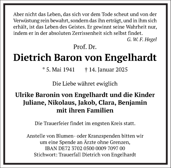 Traueranzeige von Dietrich  Baron von Engelhardt von Frankfurter Allgemeine Zeitung