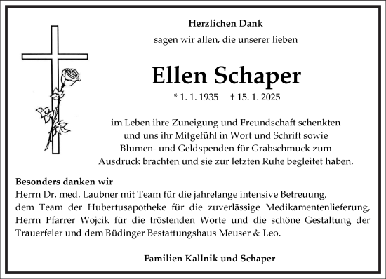 Traueranzeige von Ellen Schaper von Frankfurter Allgemeine Zeitung