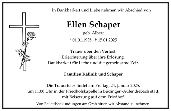 Traueranzeige von Ellen Schaper von Frankfurter Allgemeine Zeitung