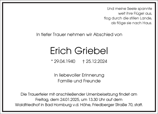 Traueranzeige von Erich Griebel von Frankfurter Allgemeine Zeitung