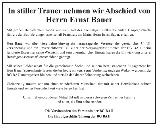 Traueranzeige von Ernst Bauer von Frankfurter Allgemeine Zeitung