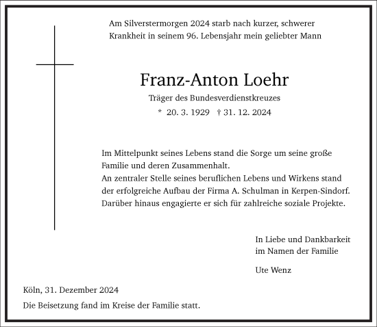 Traueranzeige von Franz-Anton Loehr von Frankfurter Allgemeine Zeitung