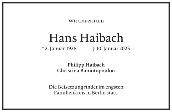 Traueranzeige von Hans Haibach von Frankfurter Allgemeine Zeitung