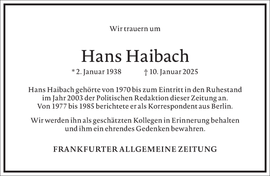 Traueranzeige von Hans Haibach von Frankfurter Allgemeine Zeitung