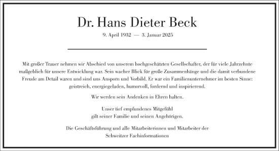 Traueranzeige von Hans Dieter Beck von Frankfurter Allgemeine Zeitung