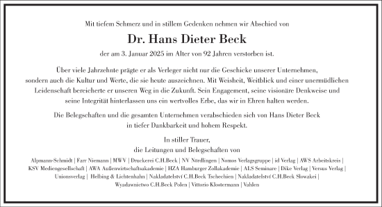 Traueranzeige von Hans Dieter Beck von Frankfurter Allgemeine Zeitung