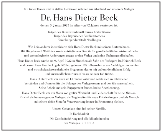 Traueranzeige von Hans Dieter Beck von Frankfurter Allgemeine Zeitung