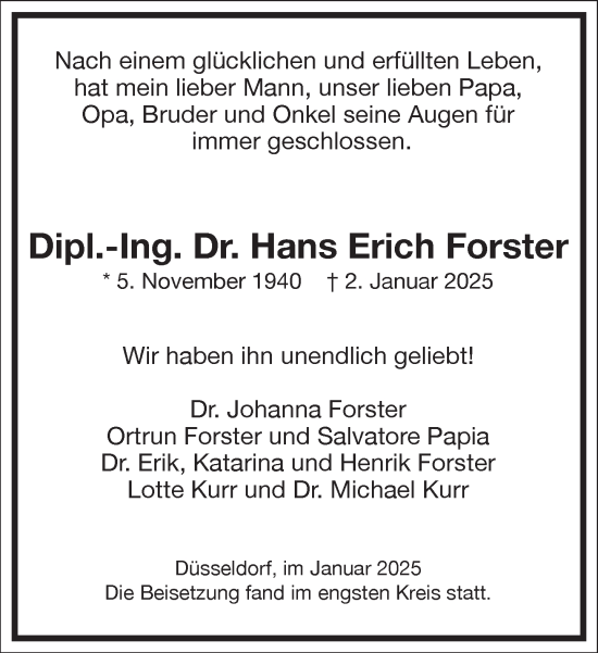 Traueranzeige von Hans Erich Forster von Frankfurter Allgemeine Zeitung