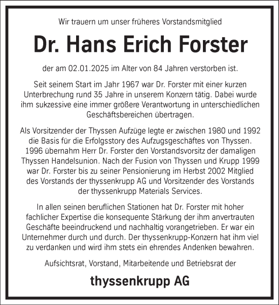 Traueranzeige von Hans Erich Forster von Frankfurter Allgemeine Zeitung