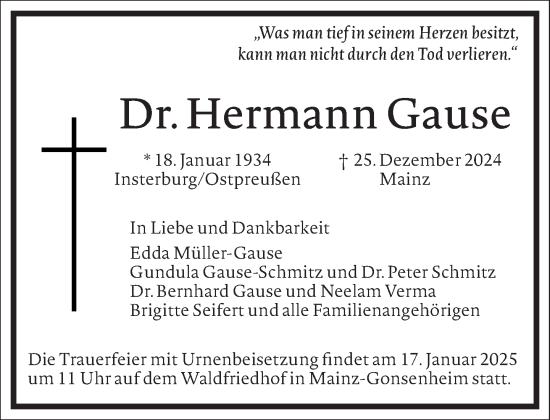 Traueranzeige von Hermann Gause von Frankfurter Allgemeine Zeitung