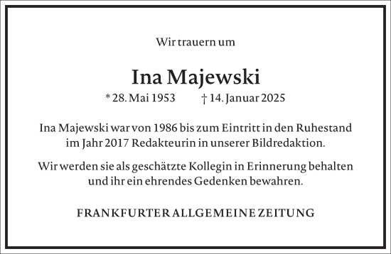 Traueranzeige von Ina Majewski von Frankfurter Allgemeine Zeitung