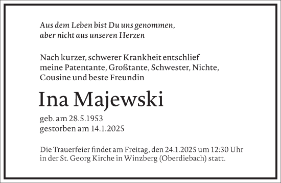 Traueranzeige von Ina Majewski von Frankfurter Allgemeine Zeitung