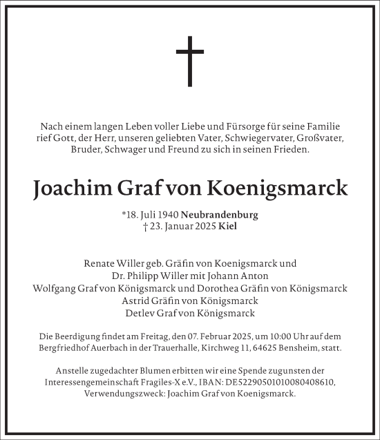 Traueranzeige von Joachim Graf von Koenigsmarck von Frankfurter Allgemeine Zeitung