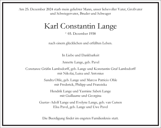 Traueranzeige von Karl Lange von Frankfurter Allgemeine Zeitung