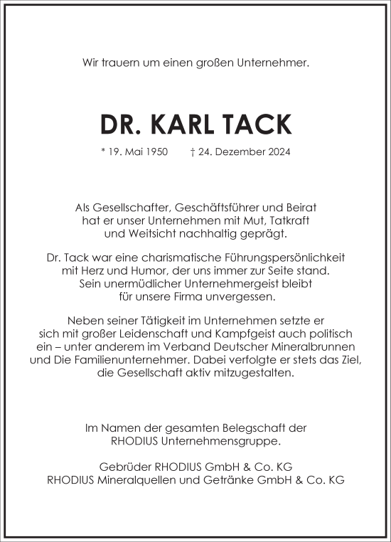 Traueranzeige von Karl Tack von Frankfurter Allgemeine Zeitung