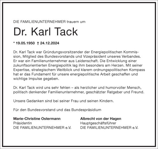 Traueranzeige von Karl Tack von Frankfurter Allgemeine Zeitung