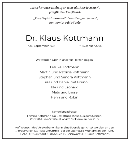 Traueranzeige von Klaus Kottmann von Frankfurter Allgemeine Zeitung