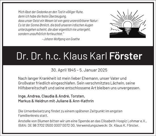 Traueranzeige von Klaus Karl Förster von Frankfurter Allgemeine Zeitung