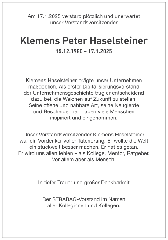 Traueranzeige von Klemens Peter Haselsteiner von Frankfurter Allgemeine Zeitung