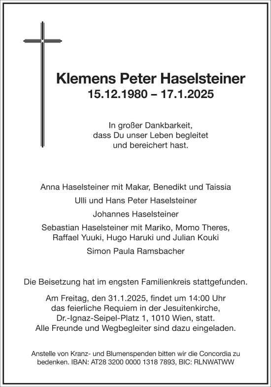 Traueranzeige von Klemens Peter Haselsteiner von Frankfurter Allgemeine Zeitung