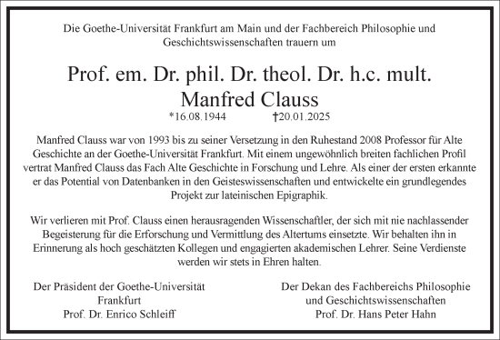 Traueranzeige von Manfred Clauss von Frankfurter Allgemeine Zeitung