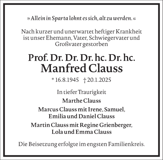 Traueranzeige von Manfred Clauss von Frankfurter Allgemeine Zeitung