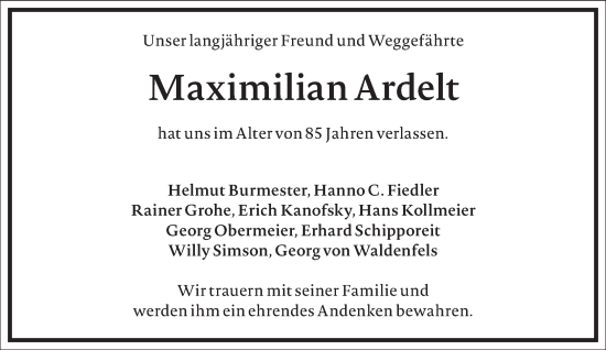 Traueranzeige von Maximilian Ardelt von Frankfurter Allgemeine Zeitung