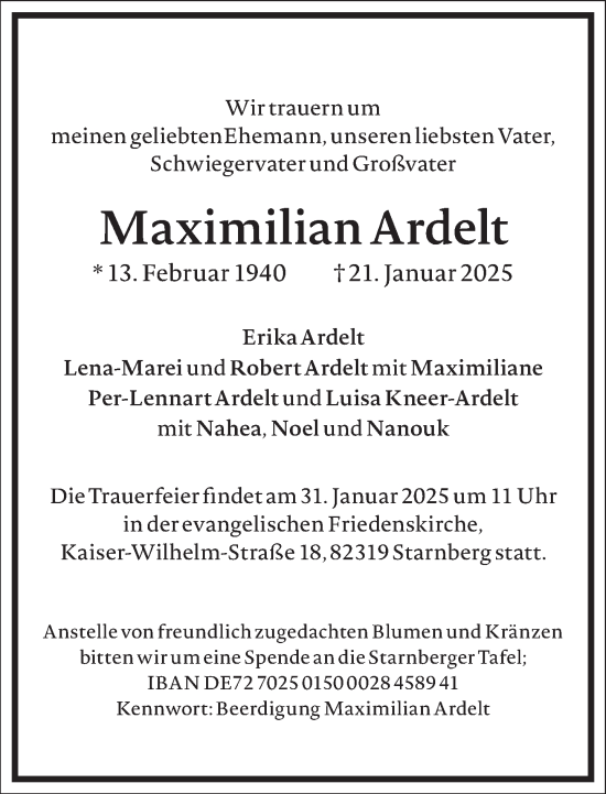 Traueranzeige von Maximilian Ardelt von Frankfurter Allgemeine Zeitung