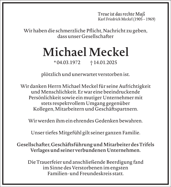 Traueranzeige von Michael Meckel von Frankfurter Allgemeine Zeitung