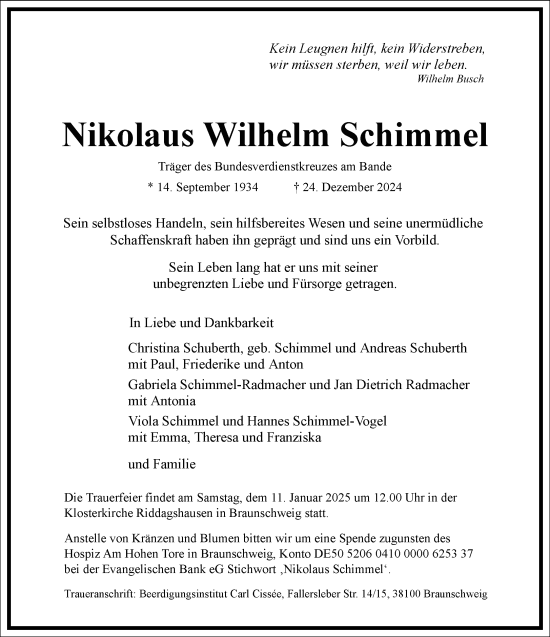 Traueranzeige von Nikolaus  Schimmel von Frankfurter Allgemeine Zeitung