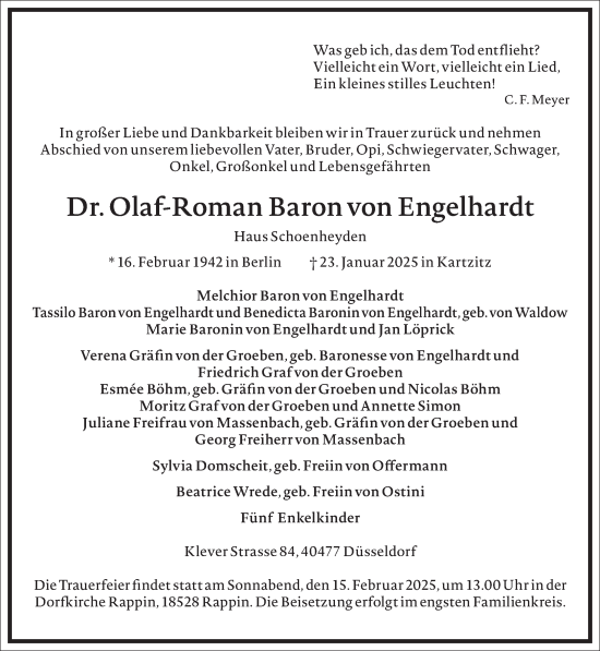 Traueranzeige von Olaf-Roman Baron von Engelhardt von Frankfurter Allgemeine Zeitung