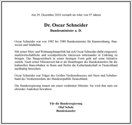 Traueranzeige von Oscar Schneider von Frankfurter Allgemeine Zeitung