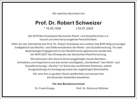 Traueranzeige von Robert Schweizer von Frankfurter Allgemeine Zeitung