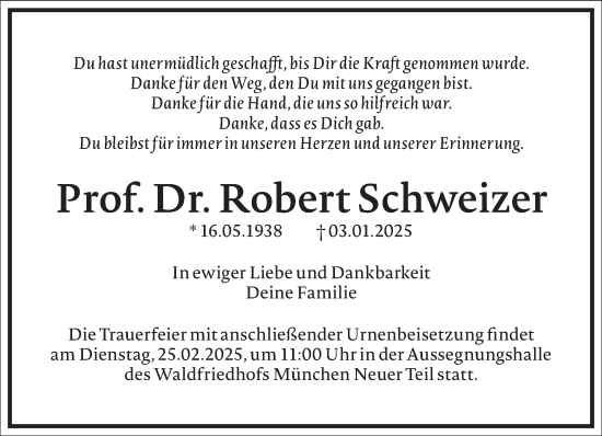 Traueranzeige von Robert Schweizer von Frankfurter Allgemeine Zeitung